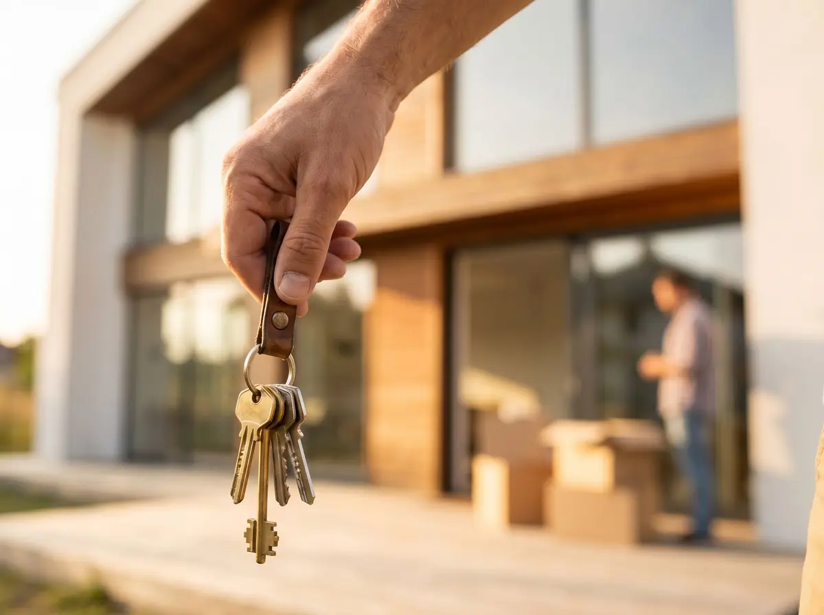 A homeowner holding the keys to their new home on moving day